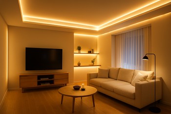 LED lent və neon konturlarla ambient işıqlandırılmış qonaq otağı