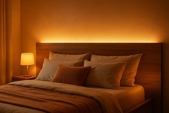 Yataq otağında başlıq arxasında yumşaq LED lent ilə ambient işıq