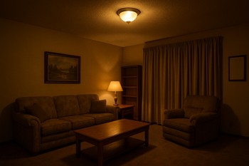 Yalnız tavan lampası ilə zəif işıqlandırılmış qonaq otağı