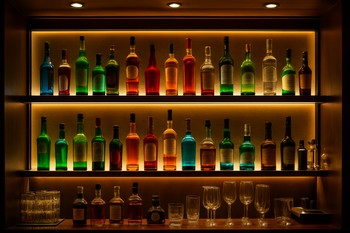 Şüşə rəflərində LED lentlə vurğulanmış bar rəfi