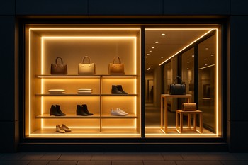 Neon konturlarla işıqlandırılmış geyim butiki vitrini