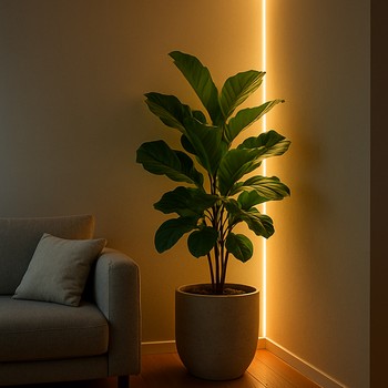 Bitki ilə otaq küncündə divar boyunca LED vurğu