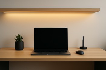 Minimalist iş masasında masa kənarında LED lent