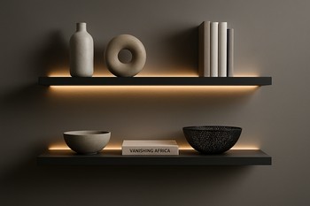 Studiyada rəflər boyunca LED lentlə vurğulanmış dekor