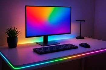 İş masasının kənarında RGB LED lentlə işıq zolağı
