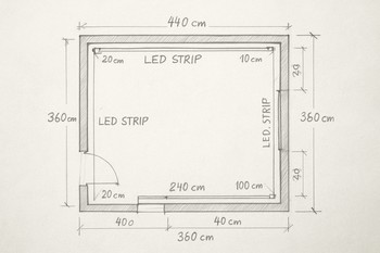 LED xəttləri qeyd olunan otaq planı eskizi