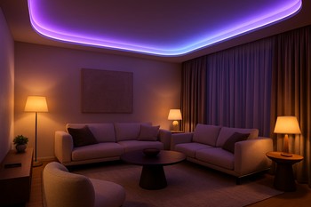 Qonaq otağında tavan boyunca əyri neon LED lentlə işıqlandırma