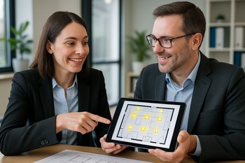 Komanda LED işıq layihəsini planlaşdırır, eskiz üzərində iş