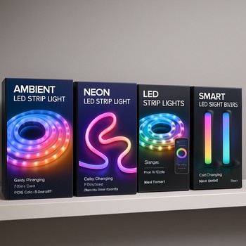 Rəflərdə düzülmüş GlowRiver LED paket qutuları