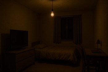 Yalnız tavan lampası ilə işıqlandırılmış otaq