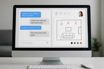 Plan üzərində LED xəttləri çəkilən eskiz və messencer pəncərəsi