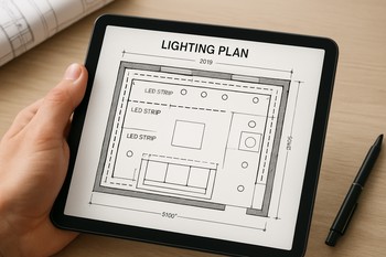 Plan və LED yerləşdirməsi tablet ekranında göstərilən otaq