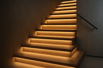 Pilləkən pillələri altında LED lentlə işıq xətti