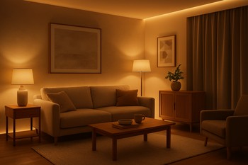 Ambient və RGB LED lentlə işıqlandırılmış qonaq otağı