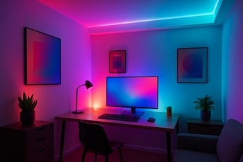 Studiyada divar və rəflər boyunca RGB LED konturları