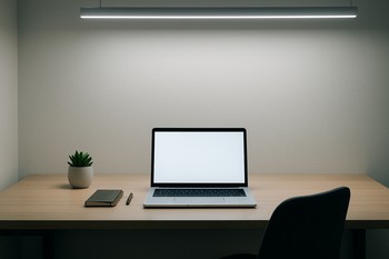 İş masasında neytral LED xətt və monitor arxasında yumşaq fon