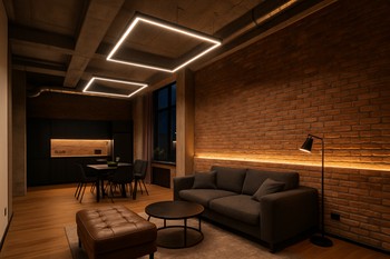 Bakıda loft üslubunda salon, tavan nişində LED lent