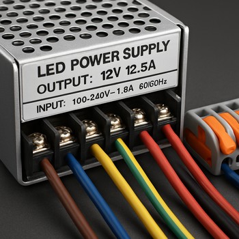 LED güc bloku, kabel və konnektorların yaxın görüntüsü