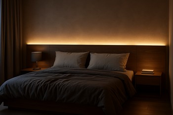 Yataq otağında başlıq arxasında sakit LED lent