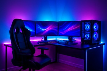 Gaming küncündə RGB LED lentlə vurğulanmış masa və rəf