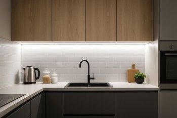 Mətbəx şkaflarının altında LED lentlə işıqlandırılmış iş zonası