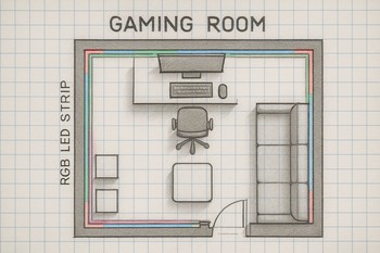 Gaming küncündə masa və divar boyunca LED xətt eskizi