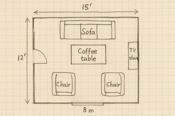 Qonaq otağı planında LED lent perimetri göstərilmiş eskiz