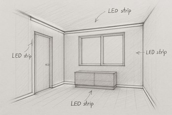Otaq eskizi üzərində LED xətlərinin qeyd olunduğu plan