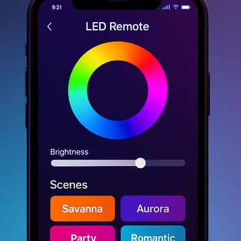 Telefon app və pultla LED ssenarilərinin göstərildiyi foto