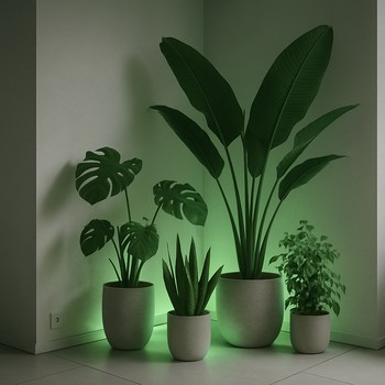 Bitki küncündə divara yönəlmiş yumşaq LED glow