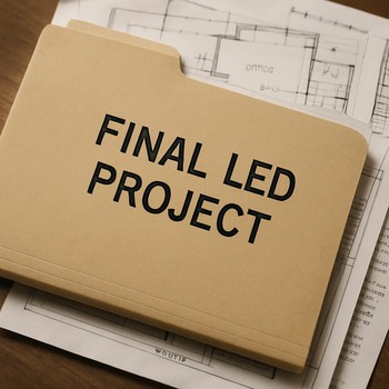 GlowRiver layihə qovluğu, eskizlər və LED lent nümunələri ilə masa