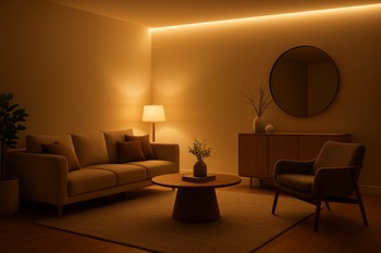 Yumşaq ambient LED lentlə işıqlandırılmış qonaq otağı