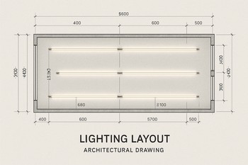 Uzun otaq planında iki paralel LED xətti və künc xətti