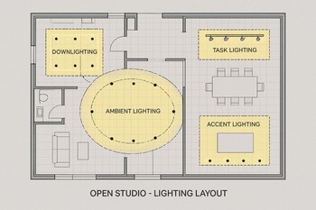 Açıq studiya planında zonalara bölünmüş qısa LED xətləri