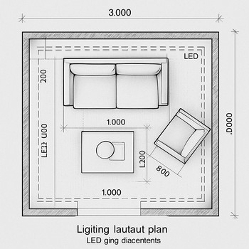 Kvadrat qonaq otağı planında LED perimetr və TV arxası xətti